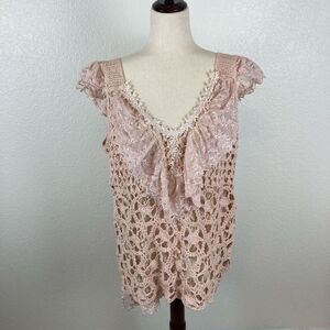 Baby pink BoHo fairycore coquette crochet floral lace tank sweater women’s L￼